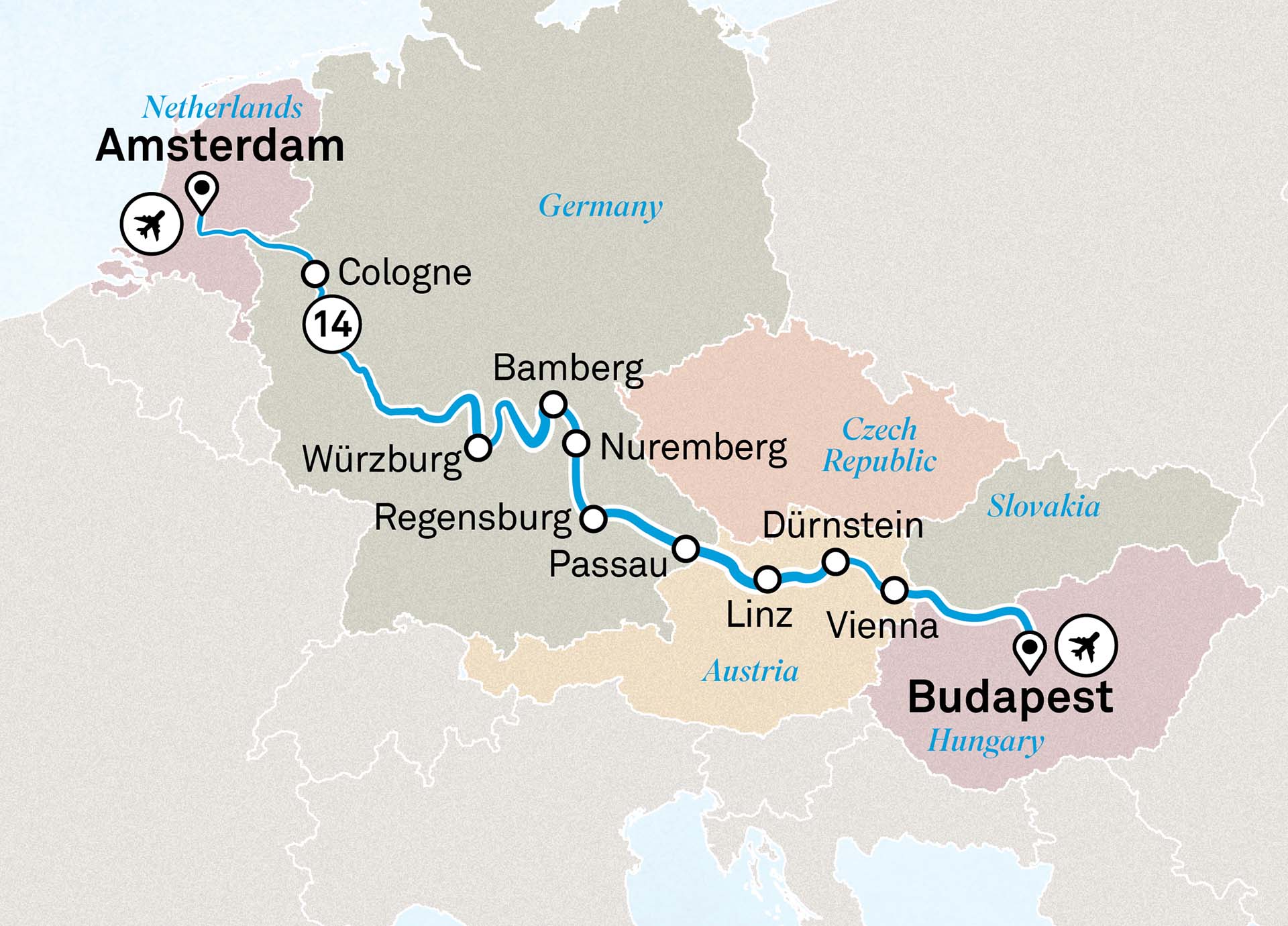 map of the Christmas and New Year European river cruise with Scenic.