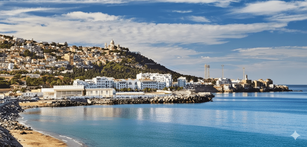 A wide-angle view of Algiers, Algeria, featuring white buildings along the Mediterranean coast with the Basilique Notre-Dame d'Afrique on a lush green hilltop.