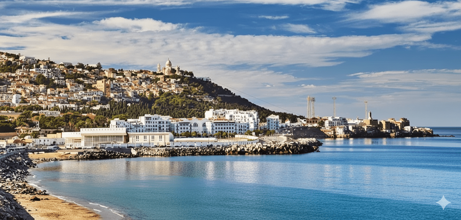 A wide-angle view of Algiers, Algeria, featuring white buildings along the Mediterranean coast with the Basilique Notre-Dame d'Afrique on a lush green hilltop.