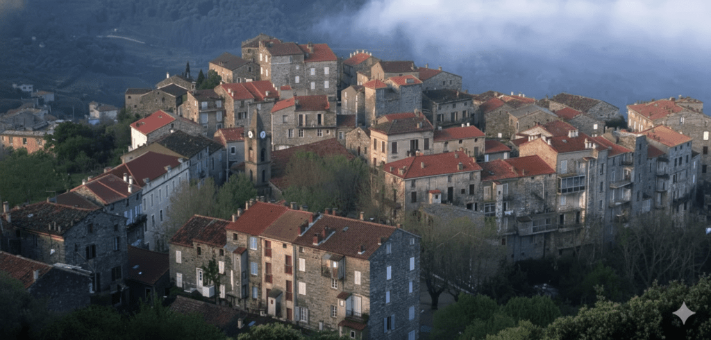 Rustic stone houses and red-tiled roofs of a traditional Corsican hillside village at dawn.