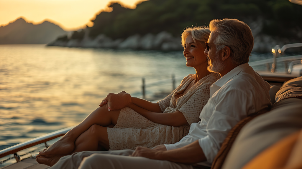 A couple relaxing on a private yacht balcony at sunset, showcasing the curated travel experiences and personalised travel planning offered by Gallivanter Travel.