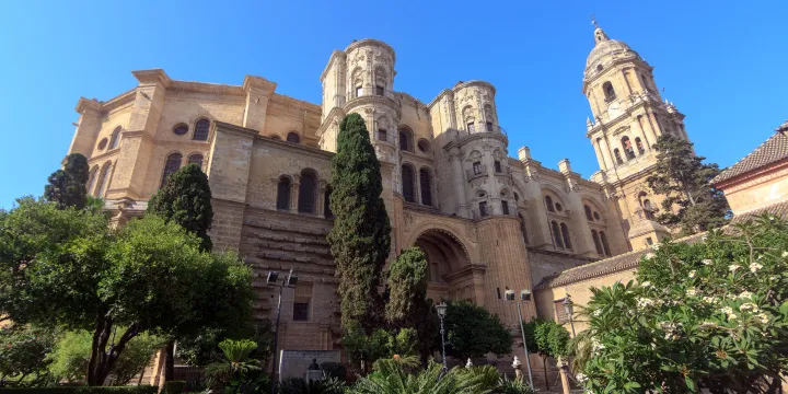 A low-angle view of the ornate sandstone facade and bell tower of the Málaga Cathedral in Spain, framed by lush green trees and a clear blue sky.