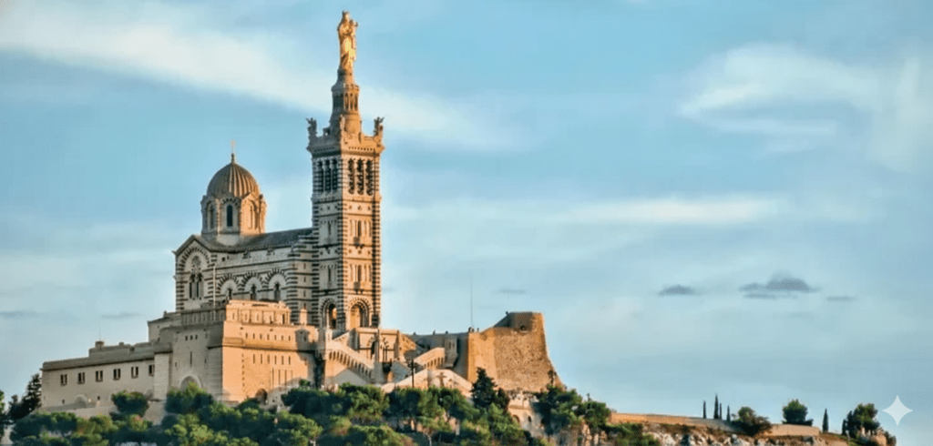 The Basilica of Notre-Dame de la Garde overlooking Marseille, France under a soft blue sky.
