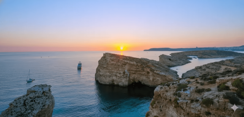 A panoramic golden sunset over the Mediterranean Sea with rocky cliffs, a small yacht, and a sailboat in the calm water.