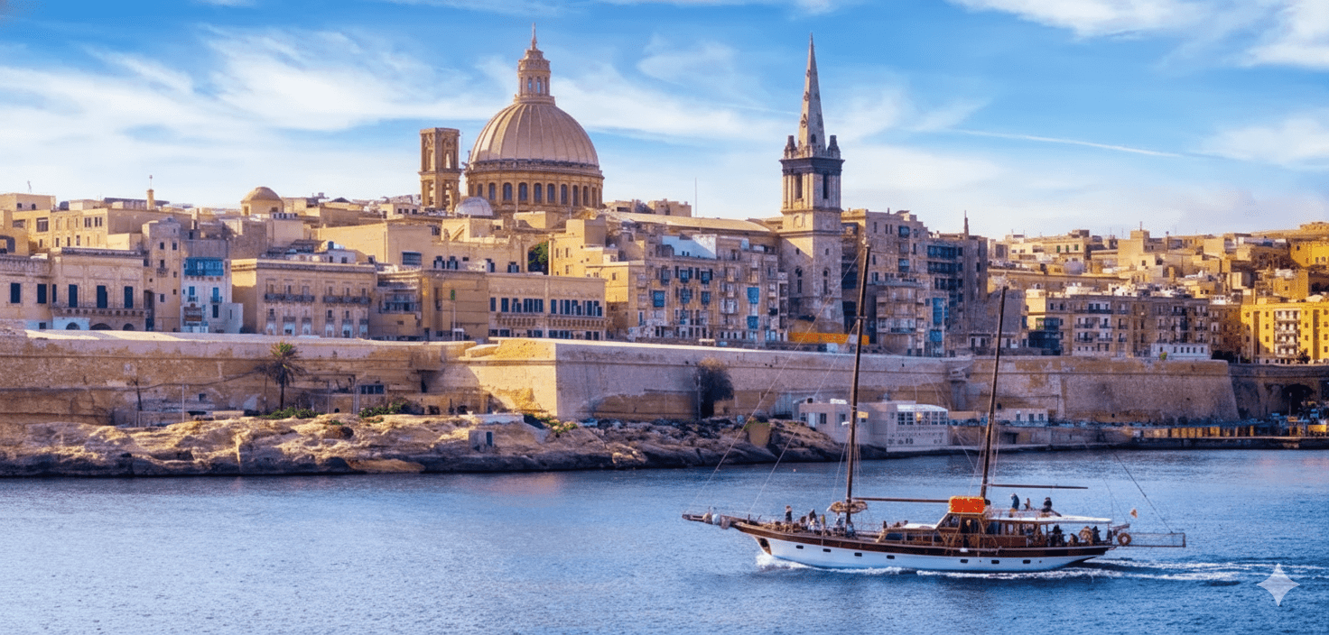 A traditional wooden sailing boat gliding through the Grand Harbour in front of the historic limestone skyline of Valletta, Malta.