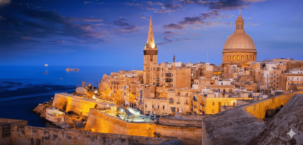 A panoramic twilight view of Valletta, Malta, featuring the illuminated dome of the Basilica of Our Lady of Mount Carmel and historic stone bastions overlooking the sea.