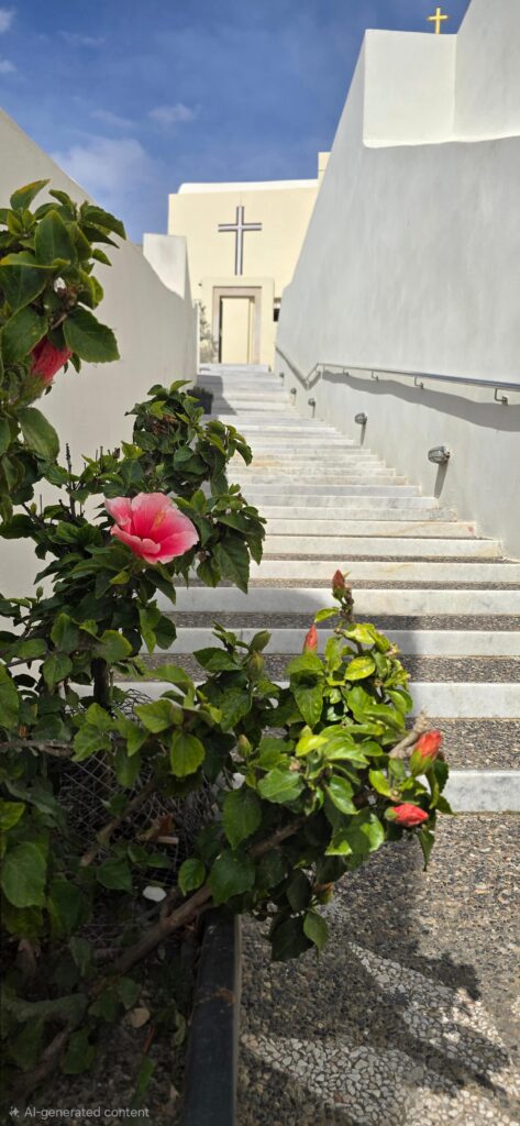 White stone stairway leading up to a church in Santorini