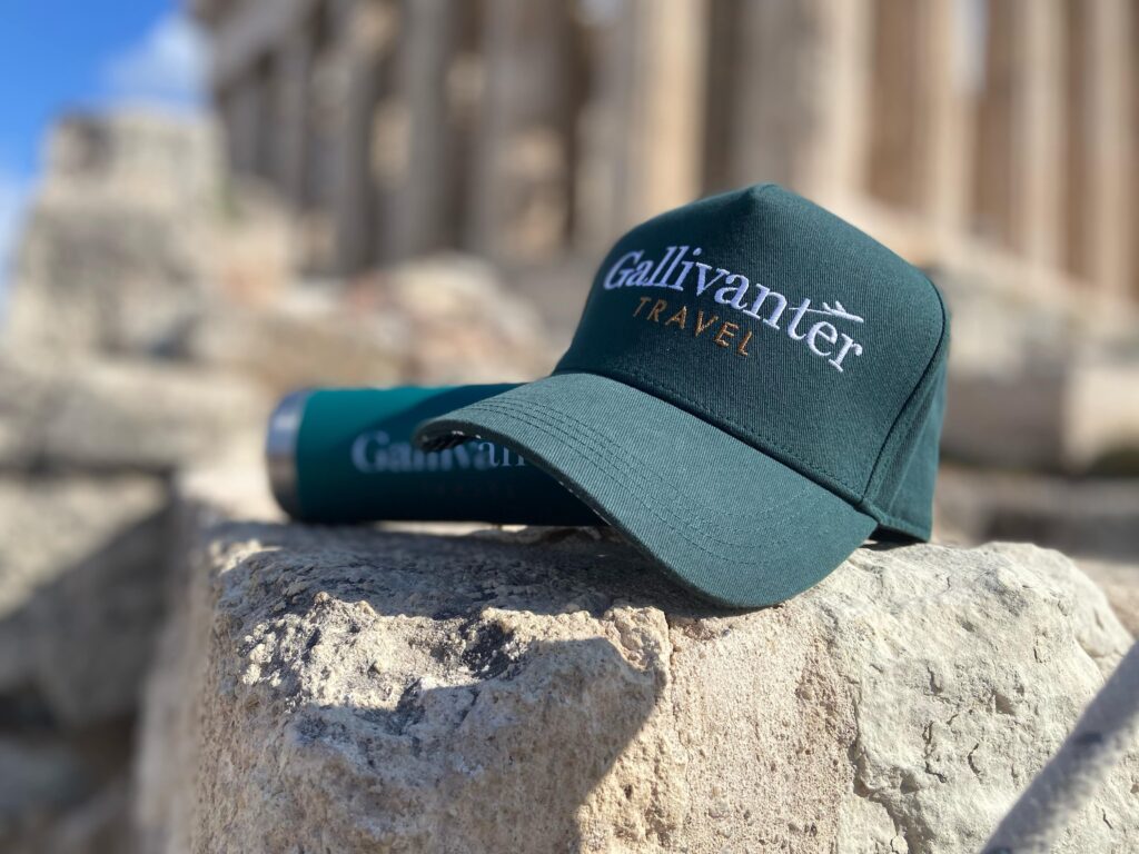 Gallivanter hat and tumbler in the Acropolis