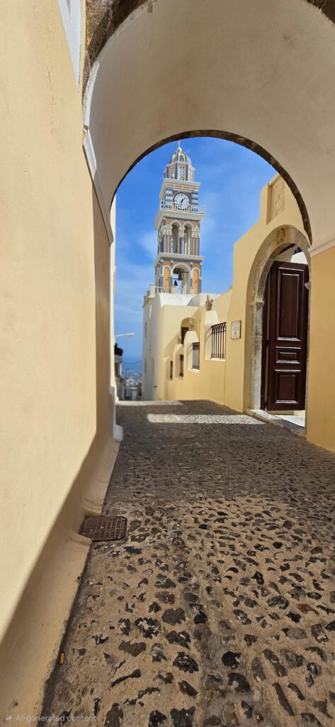 Arched stone walkway framing the bell tower of the Cathedral of Saint John the Baptist in Santorini